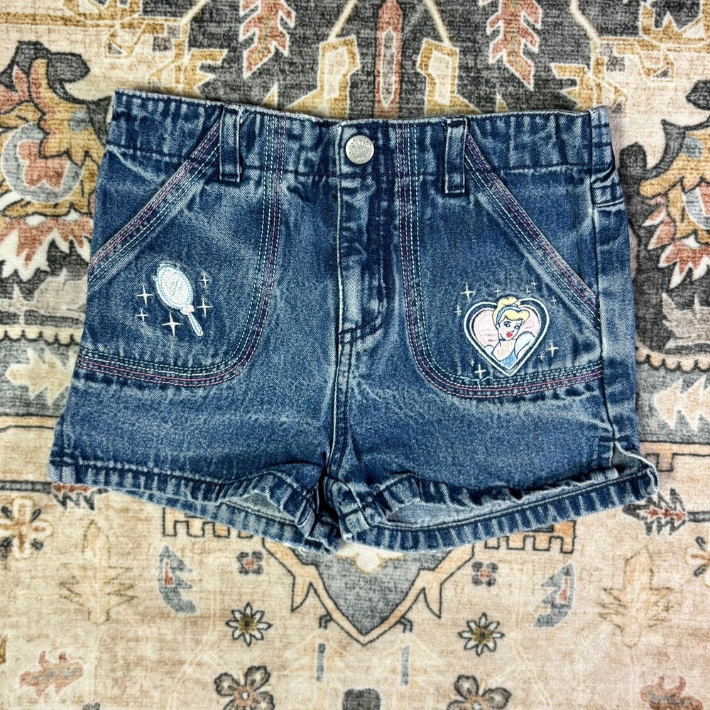 Vintage 90s Disney Classics Cinderella Denim Shorts Girls Sz 4T Blue Embroidered